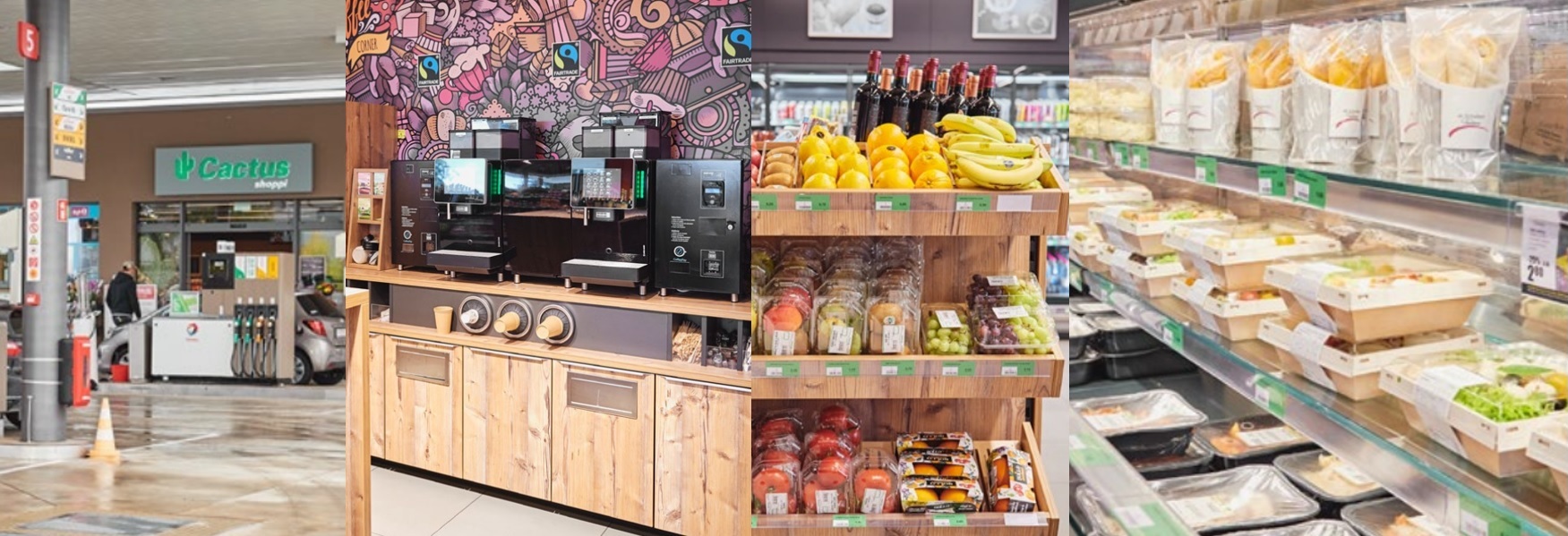 A montage image showing a petrol station forecourt, coffee machines, fresh produce, and ready-made food in a fridge.