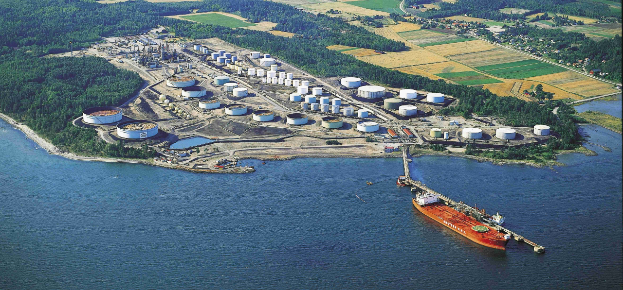 ExxonMobil's Slagen terminal from the air with a red tanker docked at the end of the jetty