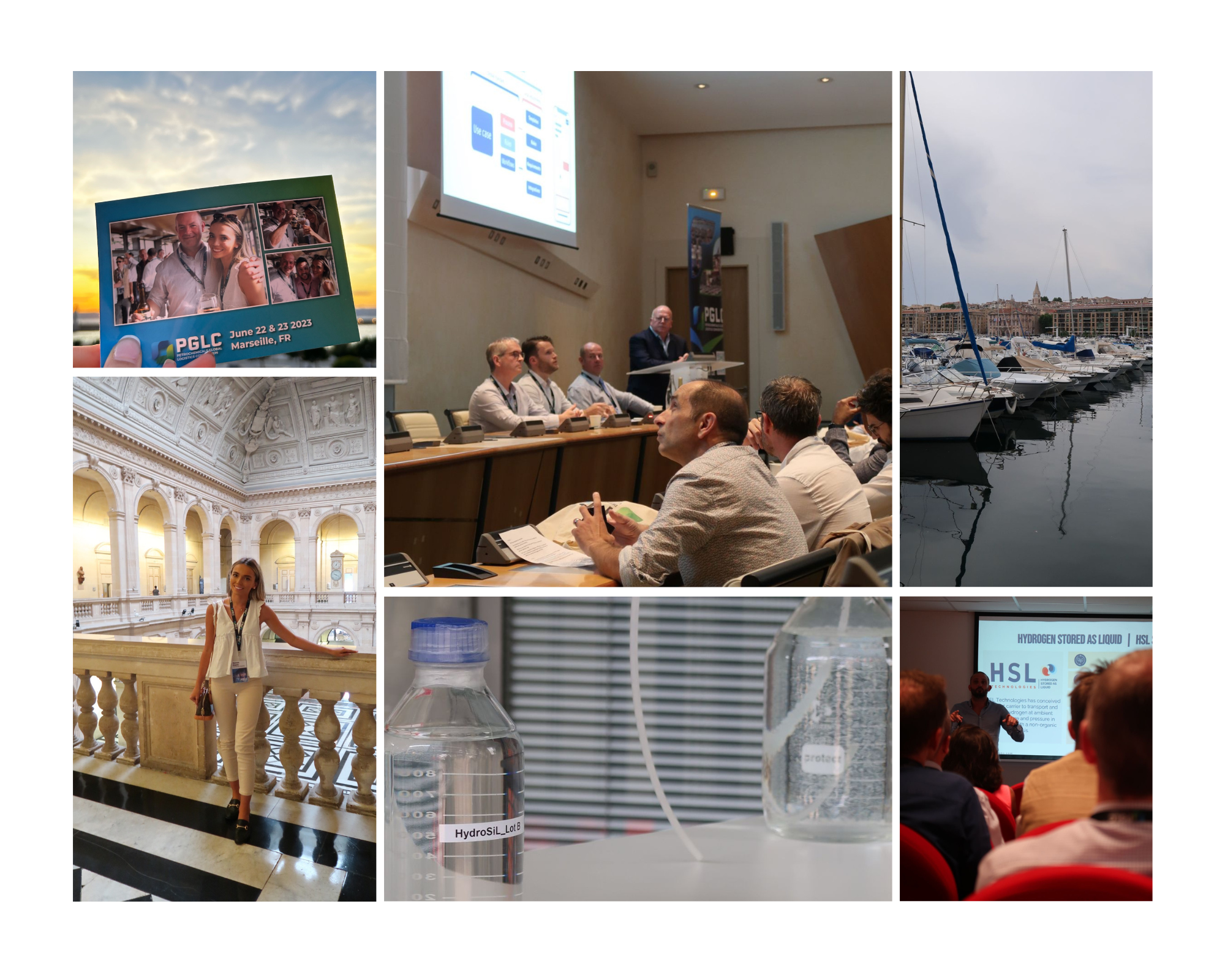 Six images of Shannon, a blonde girl, at the Petrochemical Global Logistics Convention in Marseilles, France