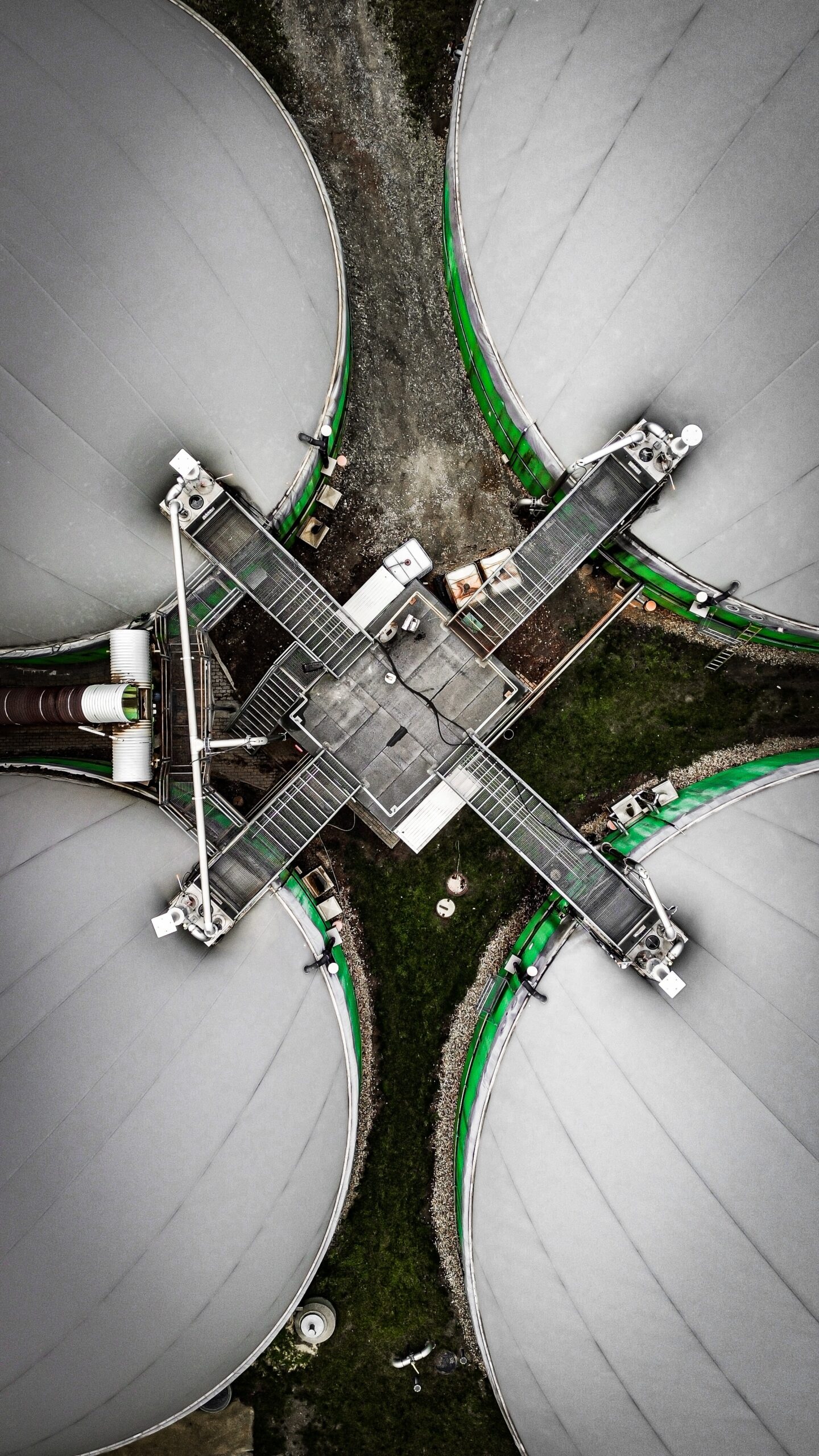 Drone view of the tops of storage tanks.