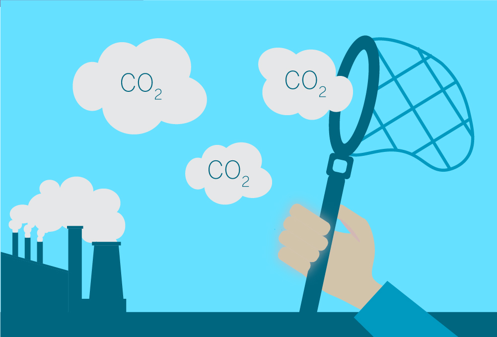 A graphic of a net catching carbon clouds with a factory in the background
