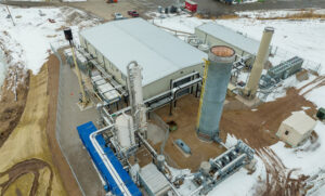 Birds eye view of production facility in the snow