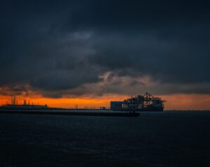 A ship at sunset