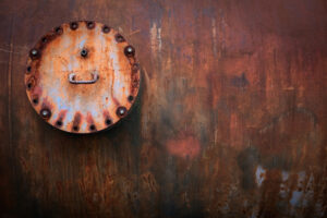 Old rusty valve on corroded tank industrial background detail with copy space