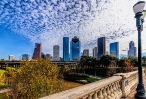 Houston city skyline at daytime with blue sky