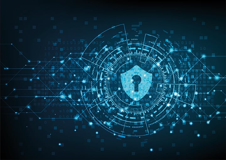 Computer-generated blue cyber security shield with a keyhole on a back and blue digital background