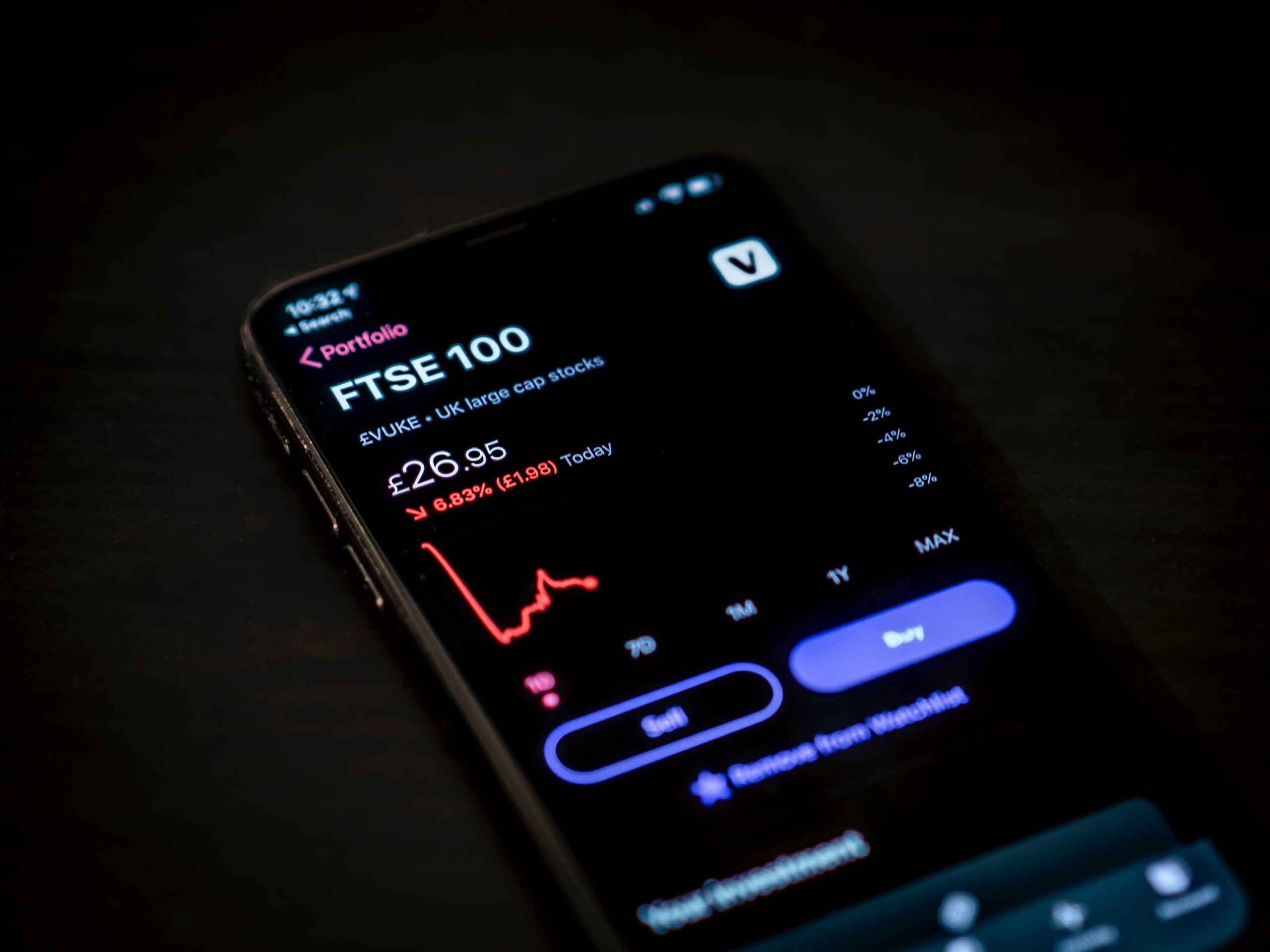 Stocks showing on the screen of a smart phone